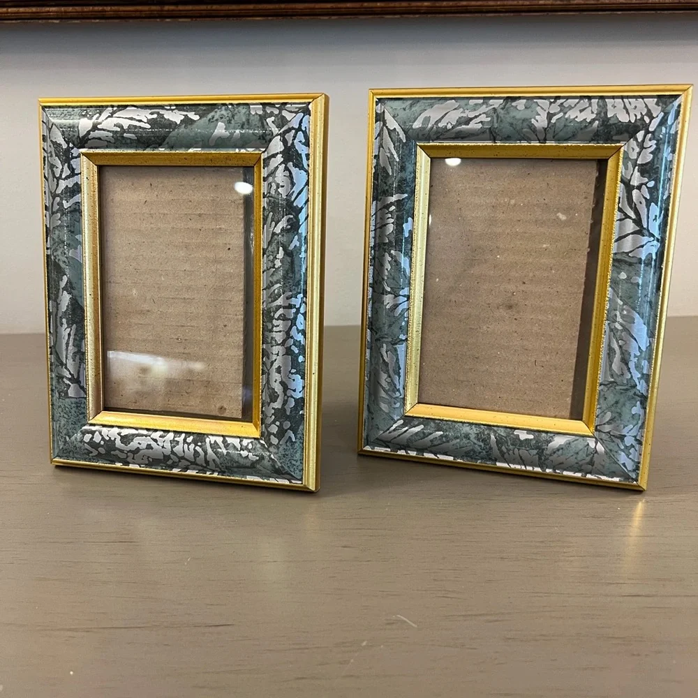 Vintage 1980’s Picture Frames Set Of 2 Floral Fauna Teal Gold Silver 5x7 Photo